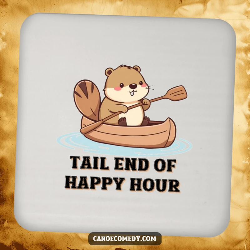 Funny Kawaii beaver in a canoe, paddling with its tail, a protective and humorous drink coaster.