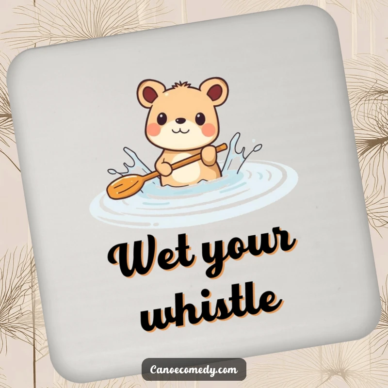 Funny coaster showing a joyful animal splashing with a paddle in a calm river, adding playful protection.