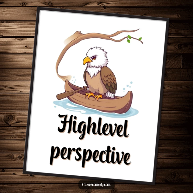 Funny, artistic poster of a majestic eagle perched in a canoe, observing the world with keen eyes.