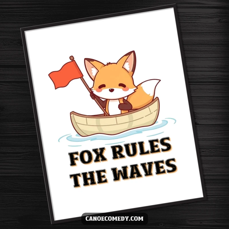 Funny fox poster of a fox in a small canoe waving a flag, symbolizing adventure and a bold declaration.