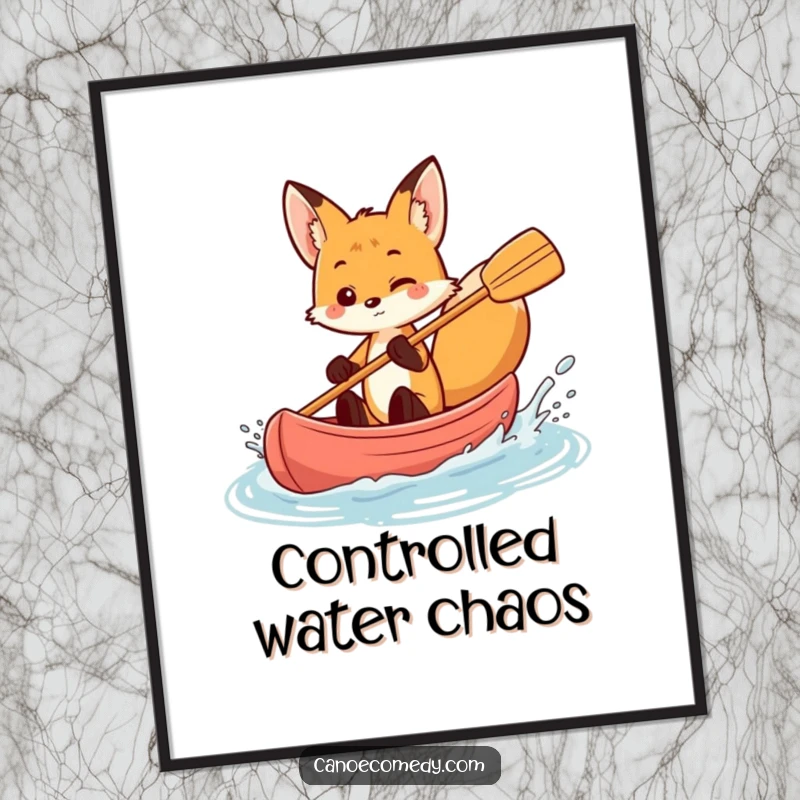 Funny fox splashing water from a canoe, playful poster art, energetic animal wall decor, humorous print.