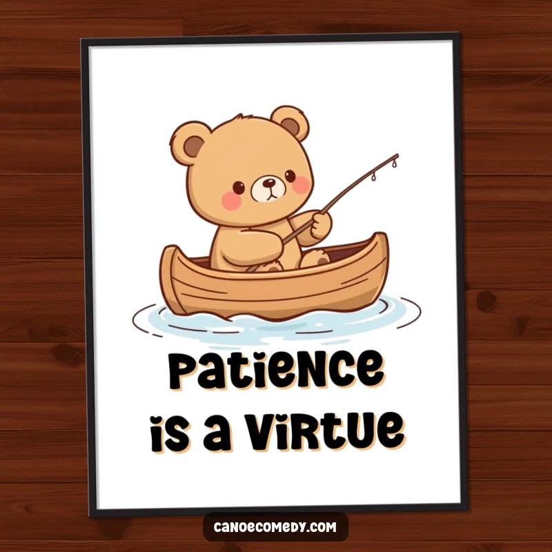 Funny Kawaii Bear Poster: Content bear fishes from a canoe, embodying a serene and humorous fishing scene.