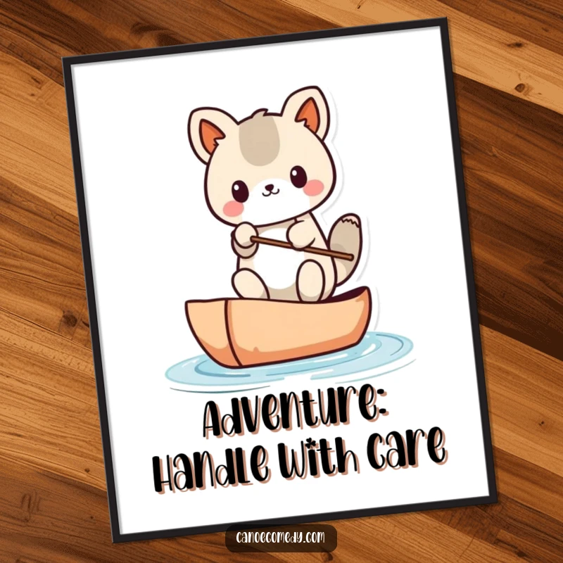 Funny Kawaii animal character precariously balanced in a tiny canoe, displayed as a humorous art print.
