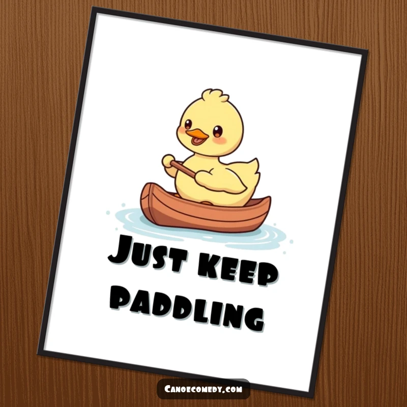 Funny, smiling Kawaii duck paddling a tiny canoe with a happy expression, as a vibrant poster.
