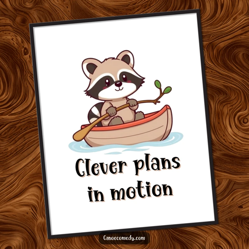 Funny Kawaii raccoon in a canoe, steering with a twig, a delightful and humorous art print.