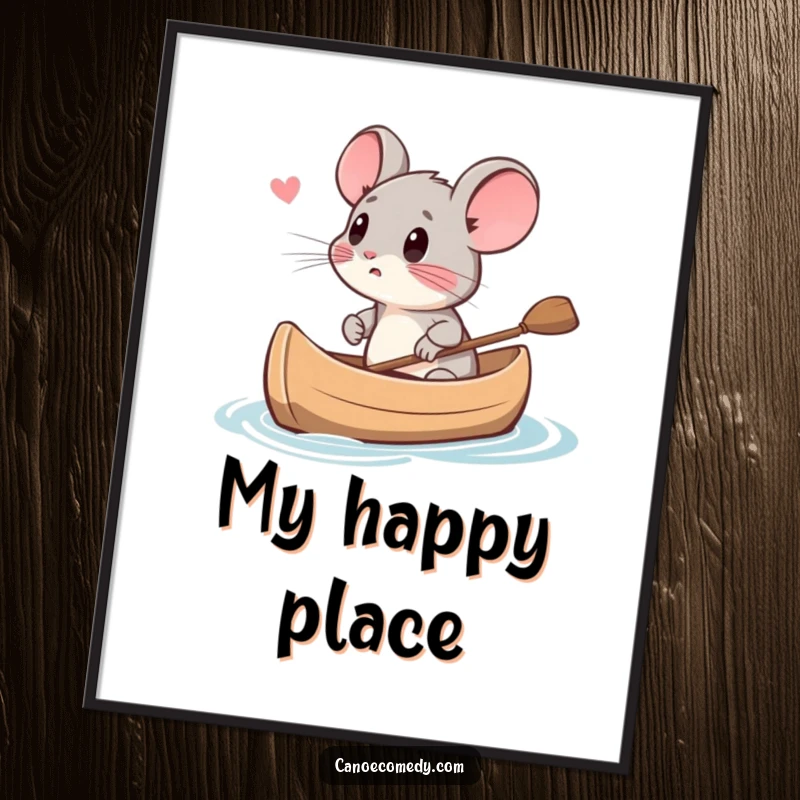 Funny small mouse character looking scared in a canoe, perfect for a humorous art print, a funny gift.