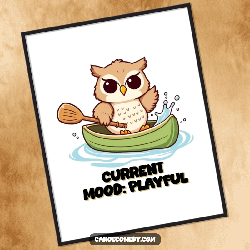 Funny owl poster, artfully depicting an owl splashing water from a canoe with a paddle, radiating playful energy.