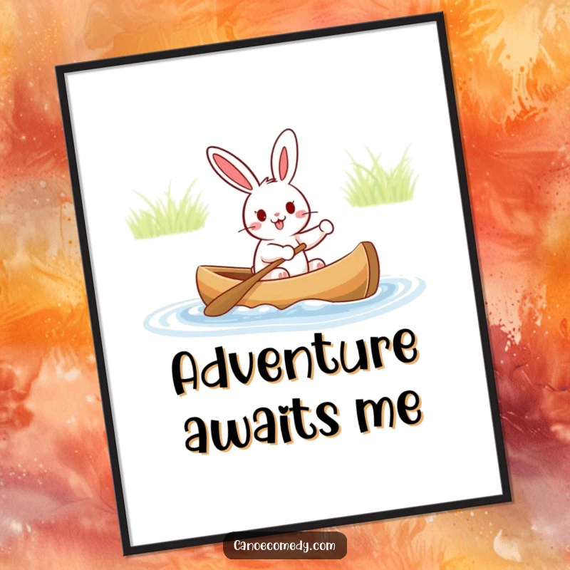 Funny poster print of a happy rabbit navigating a canoe with gleeful excitement, capturing a moment of pure, humorous adventure.