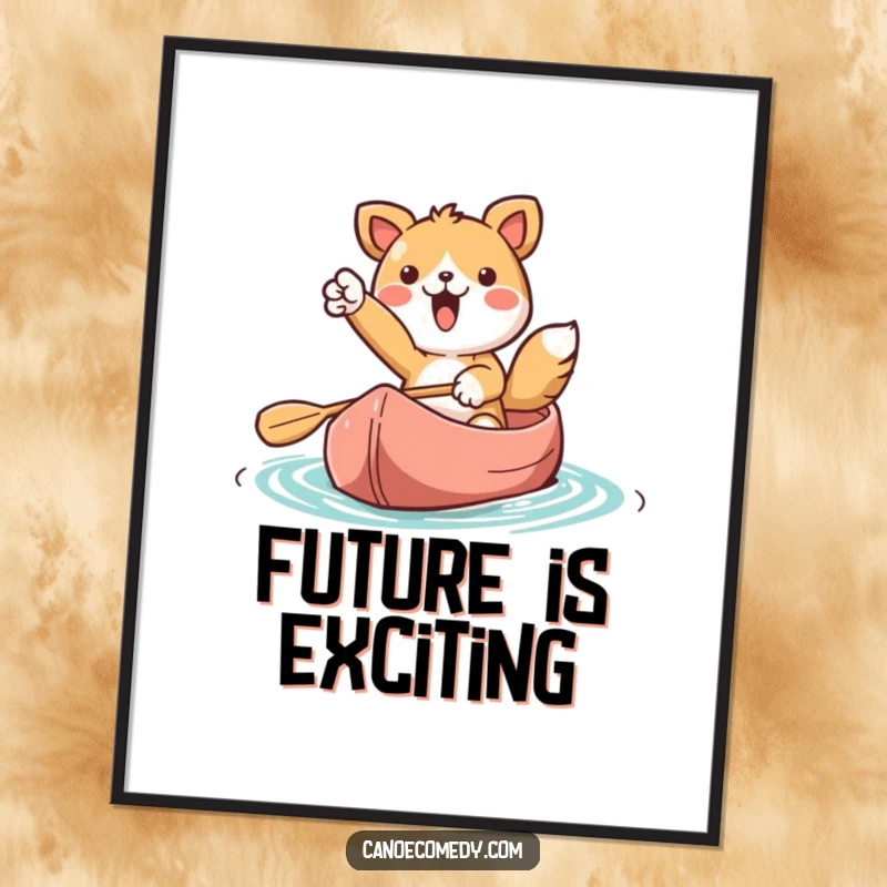 Funny Kawaii animal character in a canoe, pointing ahead with excitement, displayed as a humorous art print.