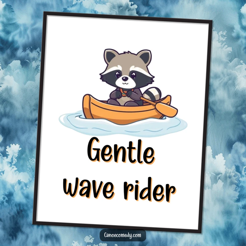 Funny kawaii raccoon in a canoe, navigating gentle waves, cute poster art, adventure wall decor.