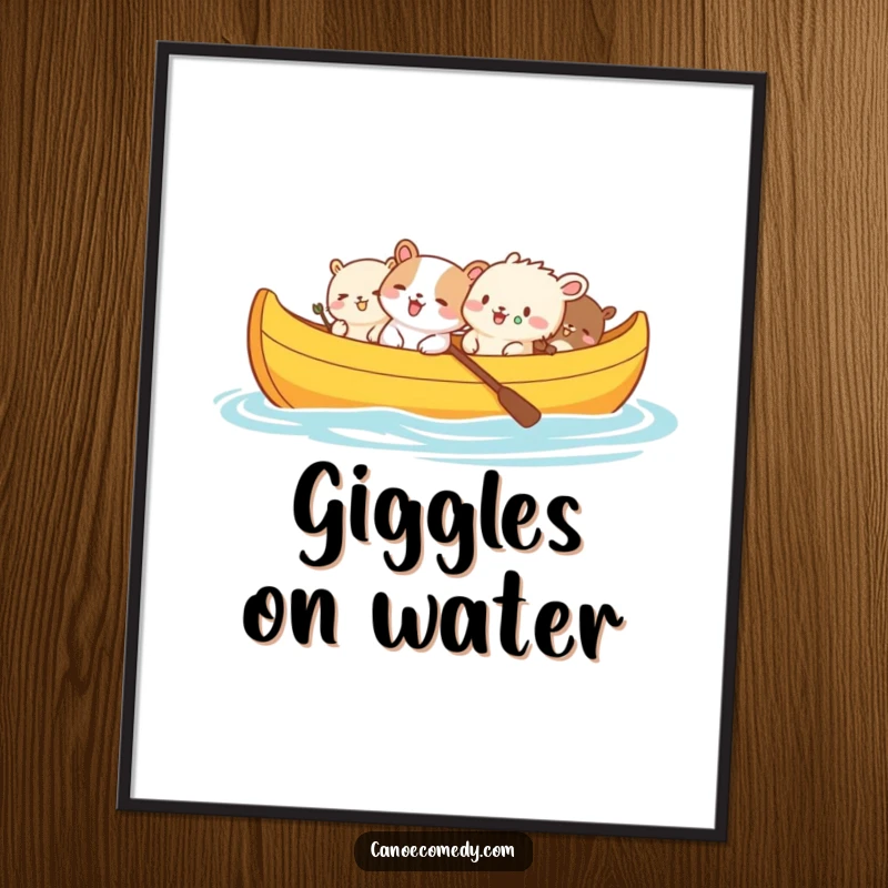 Funny, colorful poster capturing a group of small animals in a canoe, overcome with uncontrollable giggles.
