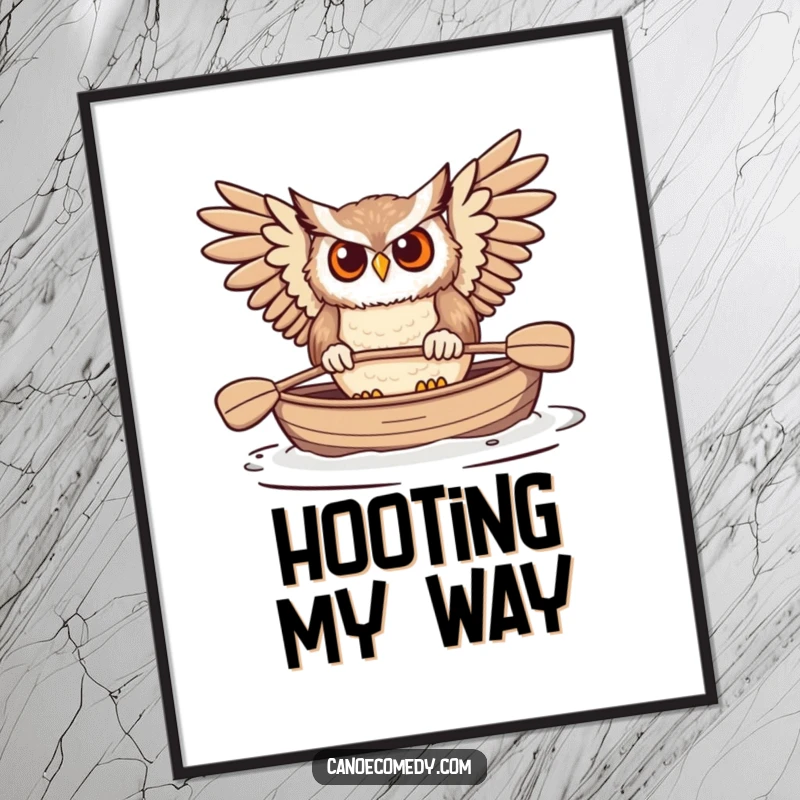 Funny Owl Paddling Canoe Poster, depicting a determined owl using wings as paddles in a canoe, adding humor to walls.