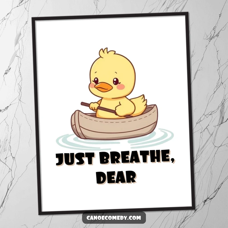 Funny poster art of a shy kawaii duckling in a tiny canoe, looking nervous, adding gentle, humorous charm to walls.