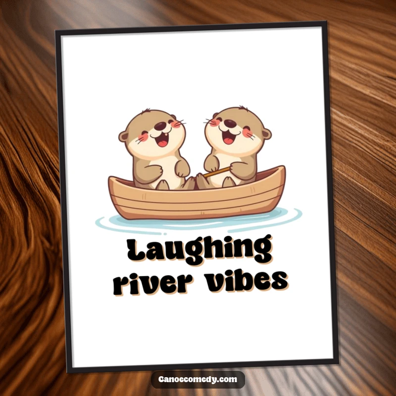 Funny Kawaii otters in a canoe, sharing a laugh, a whimsical and humorous poster for wall decor.