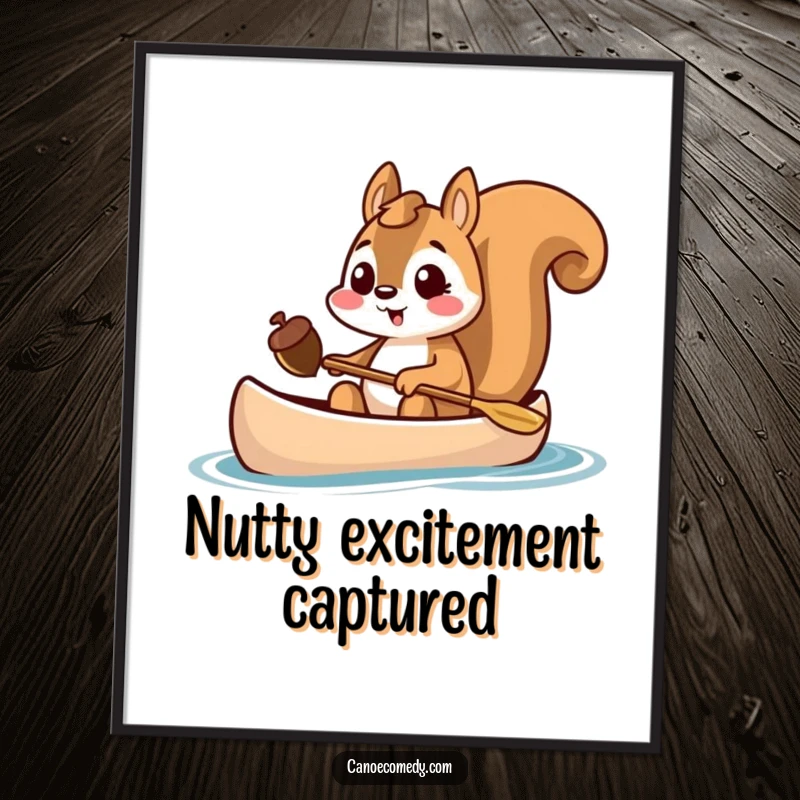 Funny squirrel holding an acorn in a canoe, excited poster art, cheerful wall decor, humorous print.