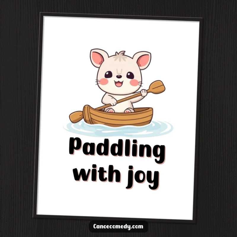 Funny cheerful animal poster, a happy character with a big smile paddling a small canoe, capturing a moment of pure joy and humorous adventure.