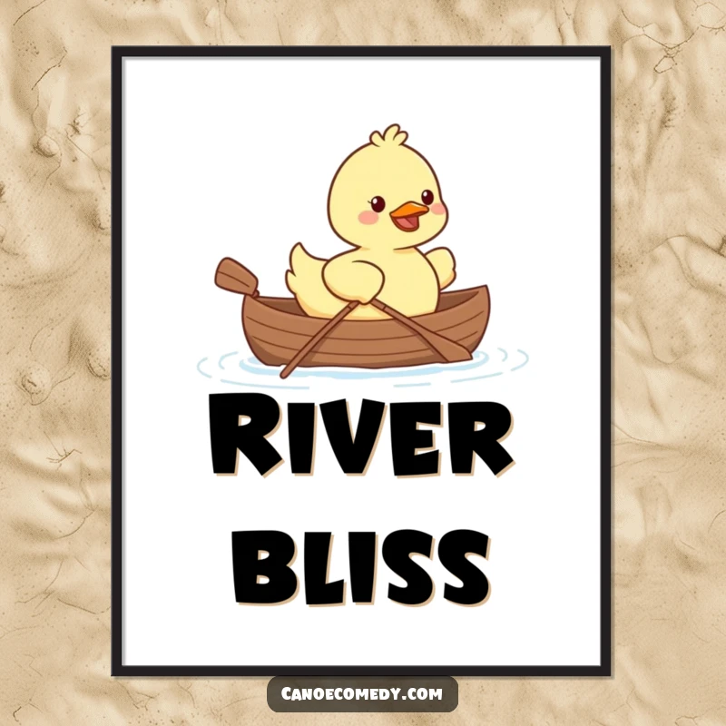 Kawaii duck character smiling and paddling a tiny canoe, designed as cheerful and funny wall art.