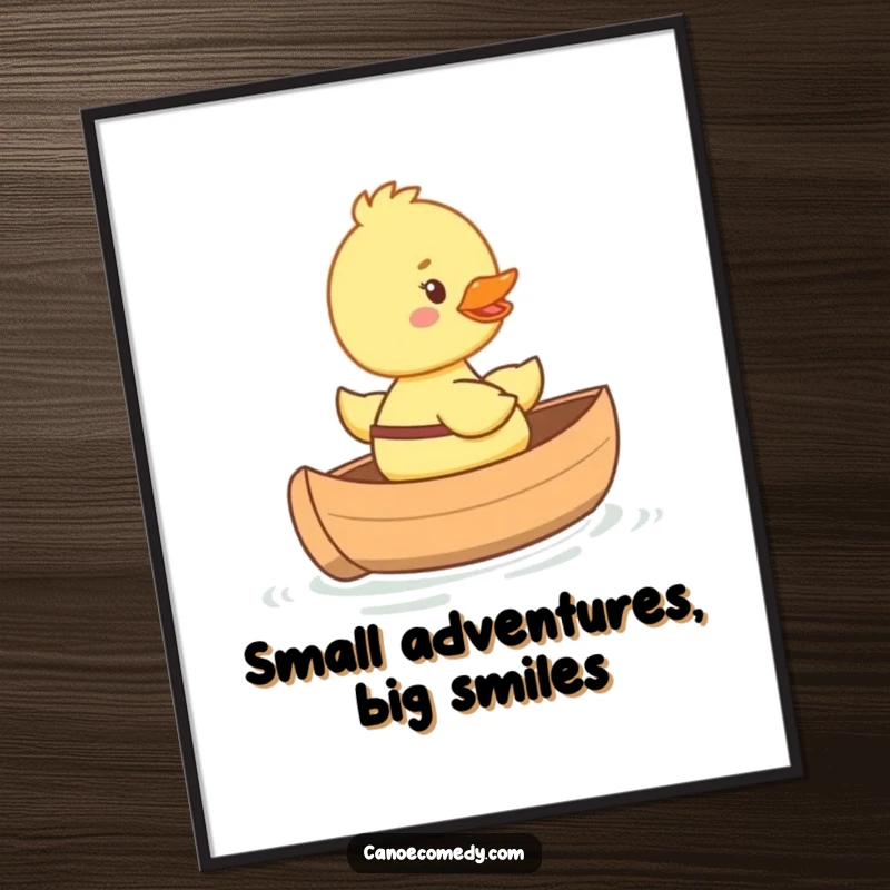 Funny happy duckling poster riding in a tiny canoe with a big smile, charming and cheerful wall art for animal lovers.
