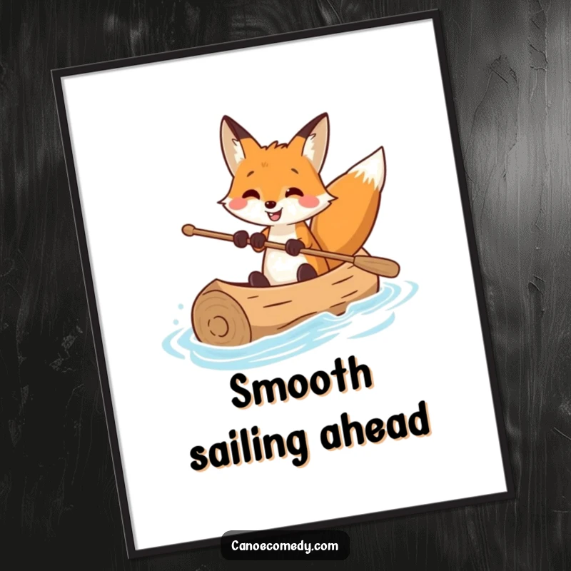 Funny poster art of a smiling fox expertly steering a canoe, capturing a moment of playful skill and aquatic mastery.
