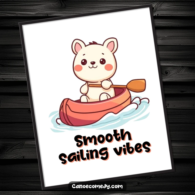 Funny Kawaii animal character steering a colorful canoe through gentle waves, a peaceful and humorous wall art piece.