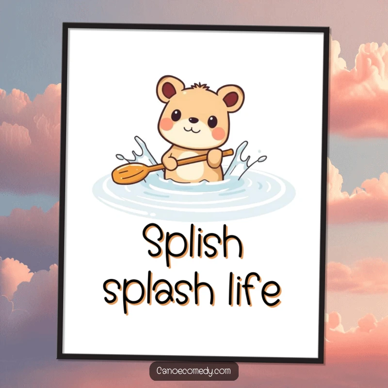 Funny poster illustration of a joyful animal playing with a paddle, splashing water in a serene river, radiating playful energy.