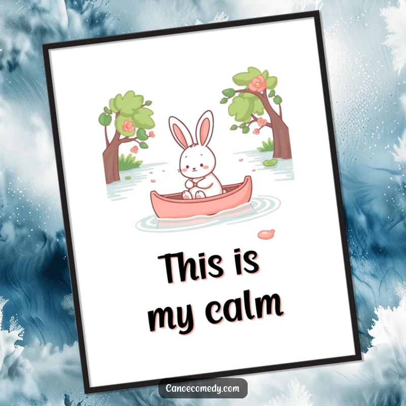 Funny kawaii rabbit enjoying a serene canoe ride, peaceful artwork, cute animal wall decor, calming art print.