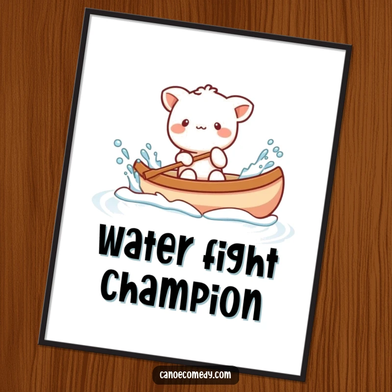 Funny Kawaii animal character playfully splashing water from a canoe, a humorous and vibrant wall art piece.