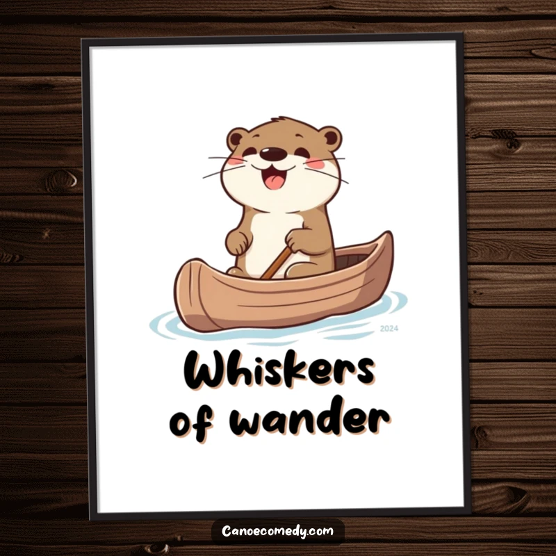 Funny Otter Poster: A vibrant poster showing a joyful otter with twitching whiskers steering a canoe with excitement.