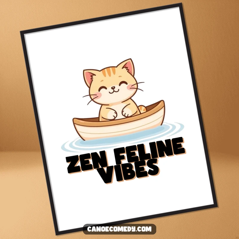 Funny Cat Floating Canoe Poster, depicting a happy cat floating peacefully in a miniature canoe, ideal for decor.
