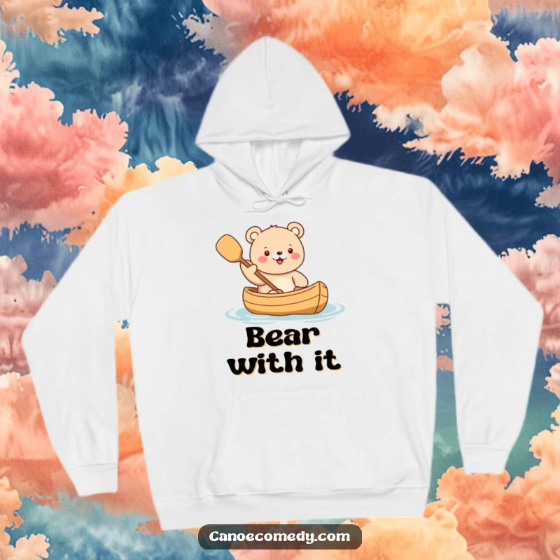 Funny Kawaii Bear Canoe Hoodie featuring a cute bear character waving a paddle energetically from a canoe, radiating cozy adventure.