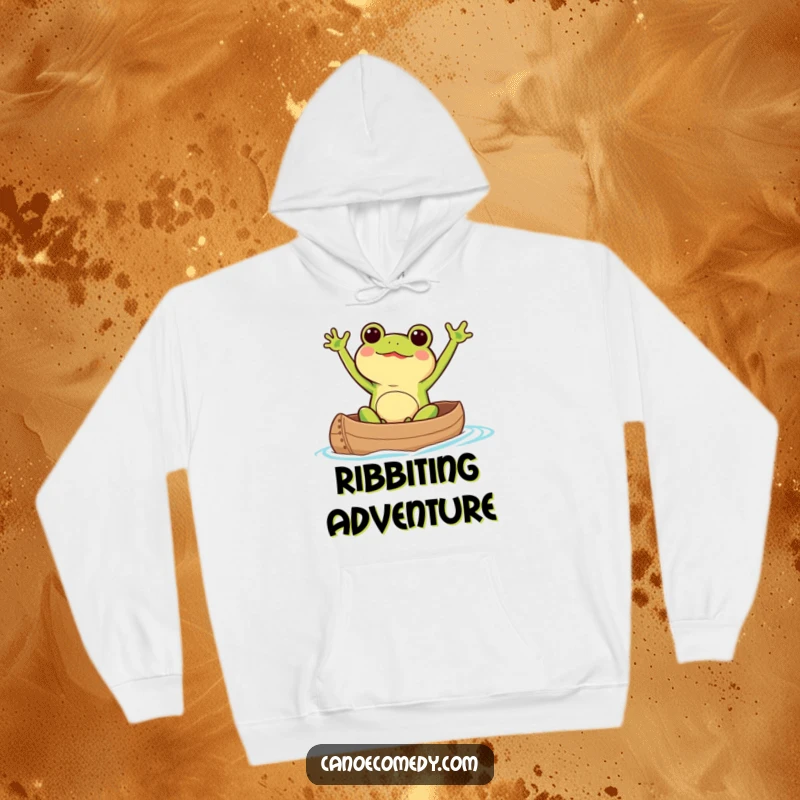 Cute Kawaii frog excitedly waving its arms while paddling a canoe on a cozy and humorous hoodie.