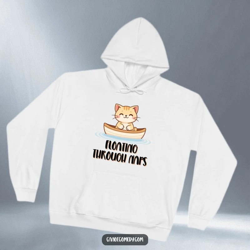 Funny Cat Floating Canoe Hoodie, illustrating a happy cat peacefully floating in a miniature canoe, ideal for cozy days.