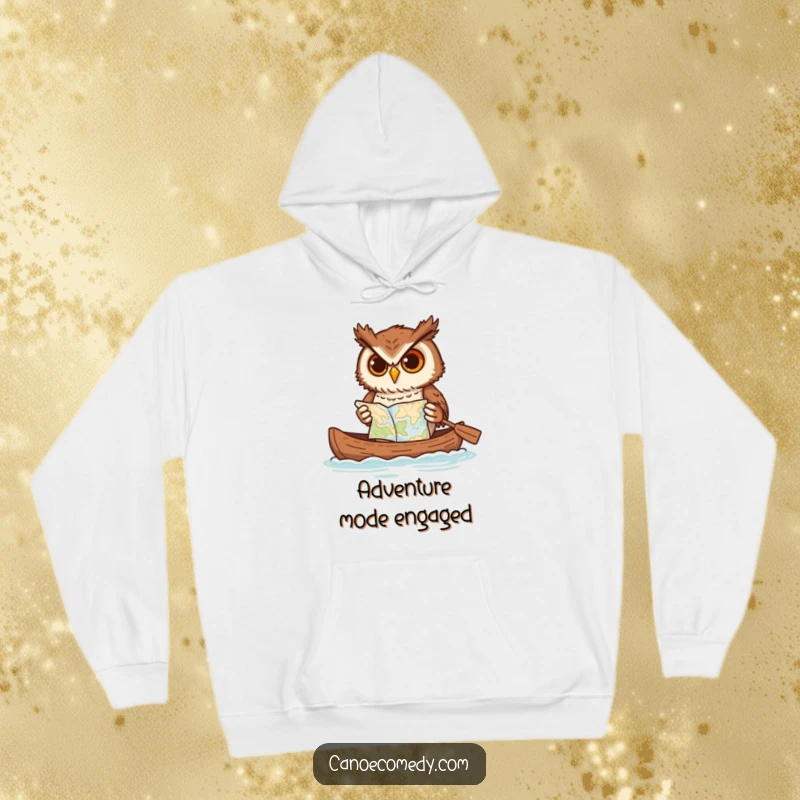 Funny owl hoodie, artistically depicted paddling a canoe while wrestling with a map, a humorous and cozy garment.