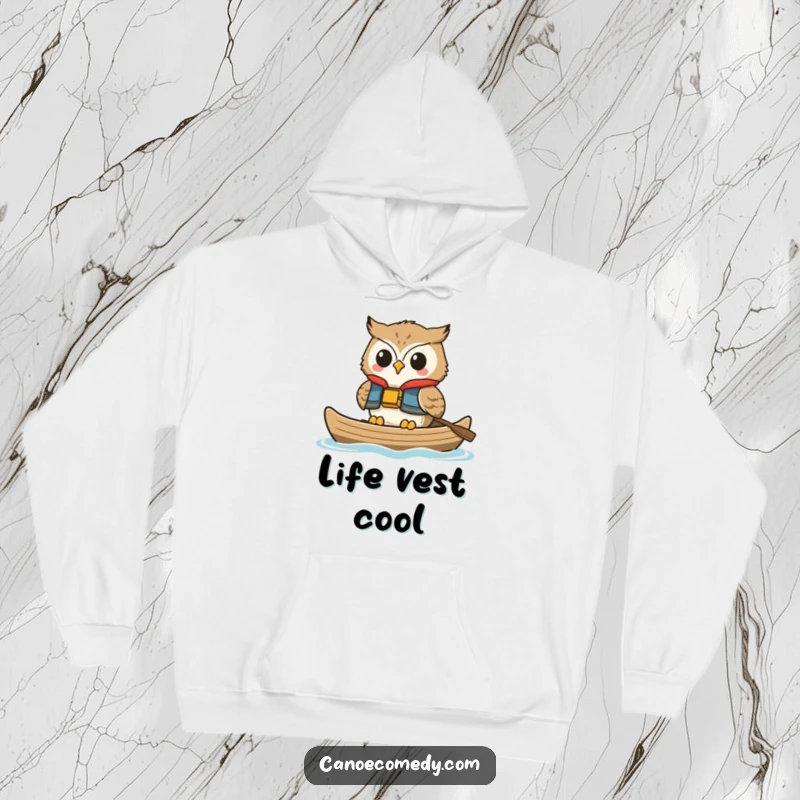 Funny owl hoodie, illustrated wearing a life vest and smiling in a canoe, offering warmth and humorous comfort vibes.