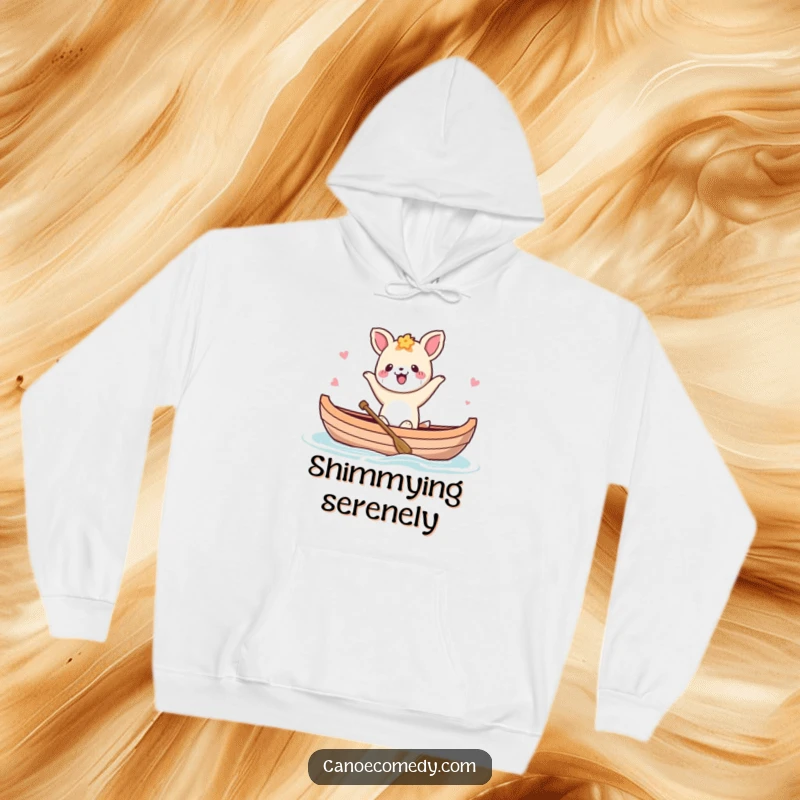 Funny Kawaii animal character performing a happy dance in a canoe, featured on a comfortable hoodie.