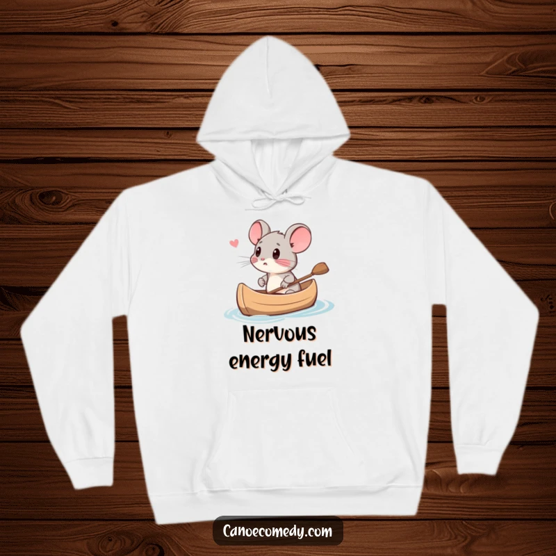 Funny small mouse character looking terrified in a canoe, featured on a cozy hoodie, making it a funny gift.