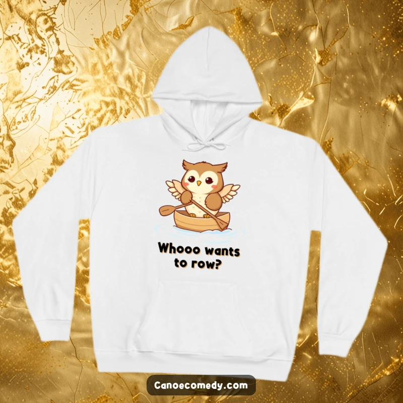 Funny Owl Hoodie: A warm hoodie showing a happy owl paddling a canoe with its wings lightly touching the water.
