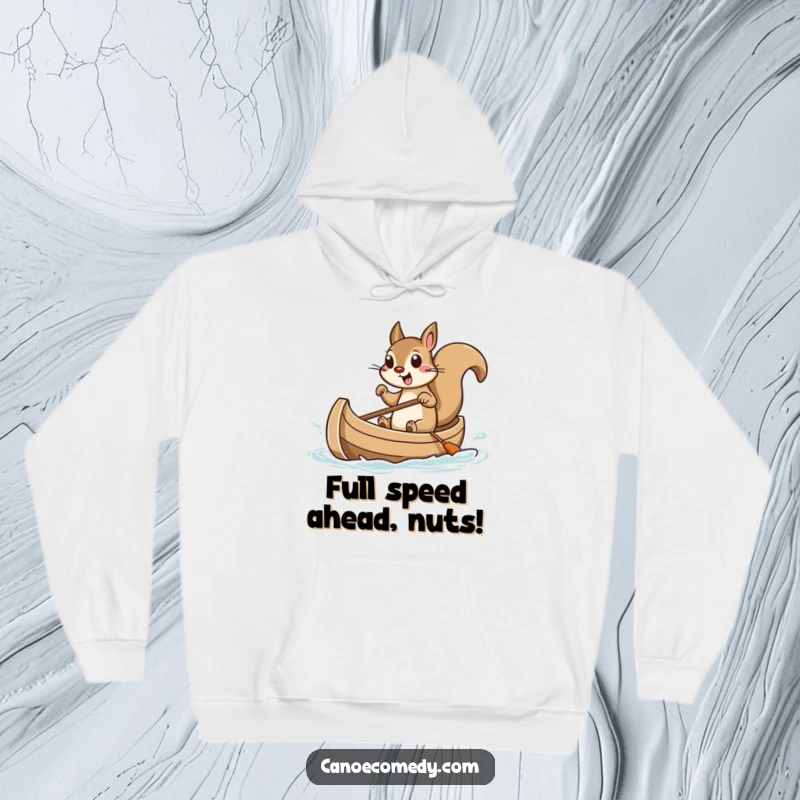 Funny squirrel hoodie depicting a squirrel masterfully steering a small canoe with a look of concentrated excitement, ideal for cold days.