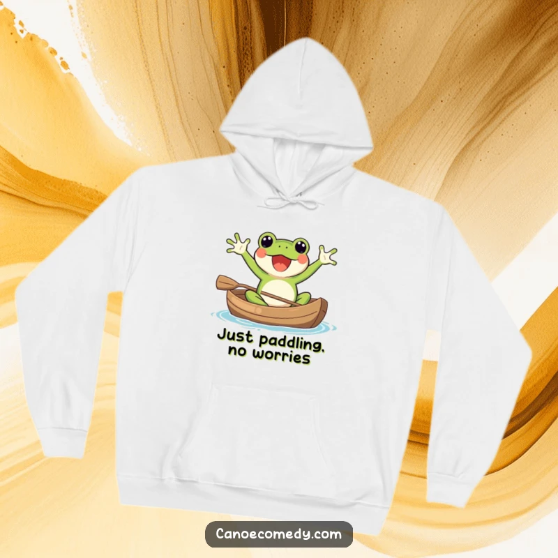 Funny Kawaii frog wearing a hoodie, chilling in a canoe, feeling excited and waving, great for outdoor lovers.
