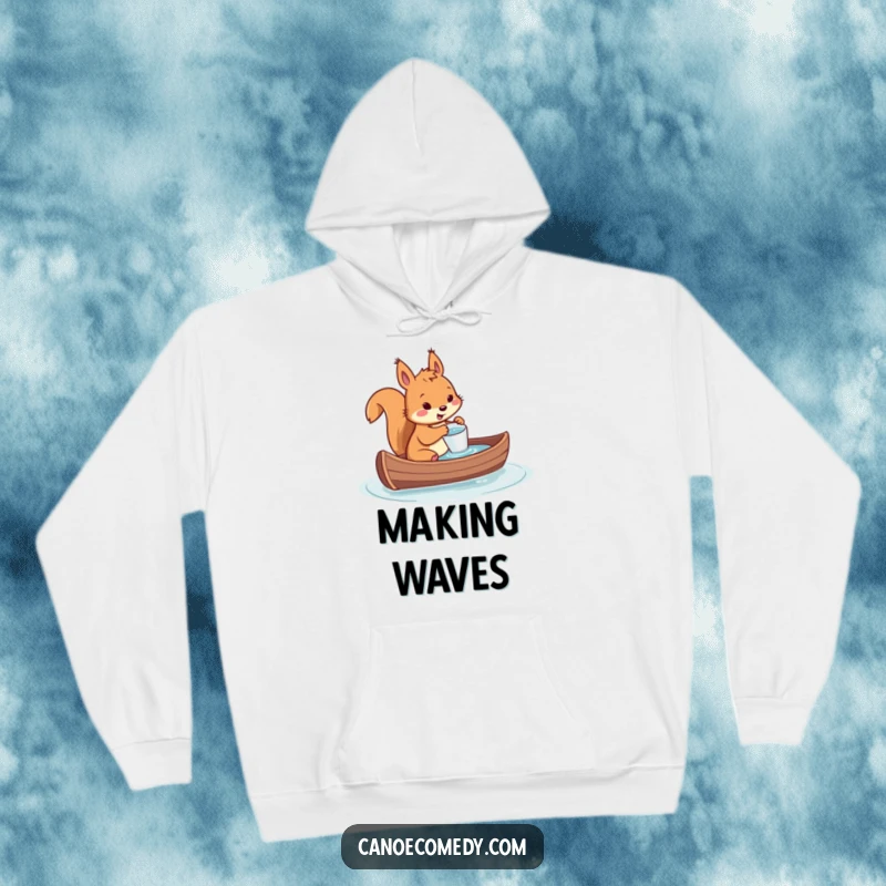 Funny hoodie featuring a squirrel comically bailing water from a sinking canoe with a tiny cup, offering warmth and humor.