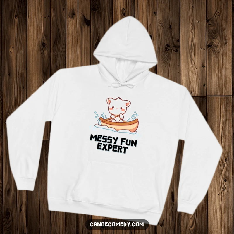 Funny Kawaii animal character playfully splashing water from a canoe, depicted on a warm and humorous hoodie.