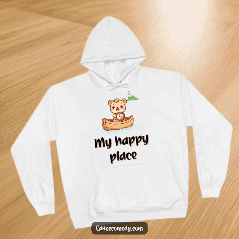 Funny hoodie featuring a delighted animal steering a canoe towards a bright, sparkly island, inspiring happy adventures.