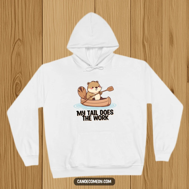 Funny Kawaii beaver in a canoe, using its tail as a paddle, a warm and humorous hoodie for cozy days.