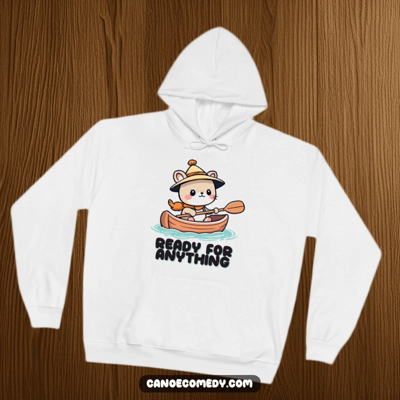 Funny Kawaii animal character wearing a tiny hat, looking adventurous in a canoe, depicted on a warm hoodie.