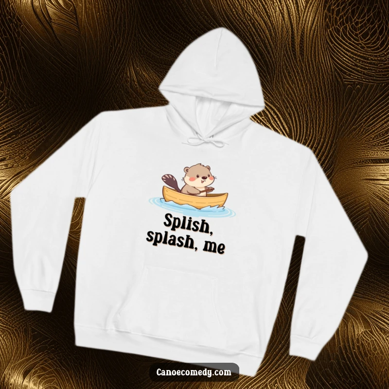 Funny hoodie featuring a playful kawaii muskrat in a canoe, splashing water, perfect for cozying up with a dose of humor.