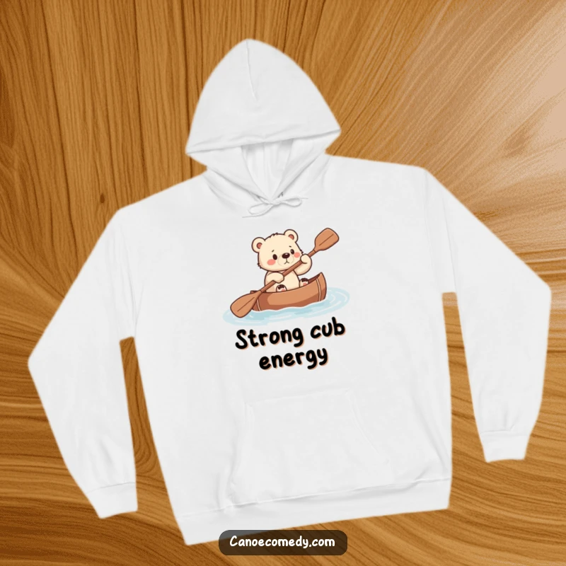 Funny, warm hoodie featuring a small bear cub paddling a canoe with intense determination and focus.