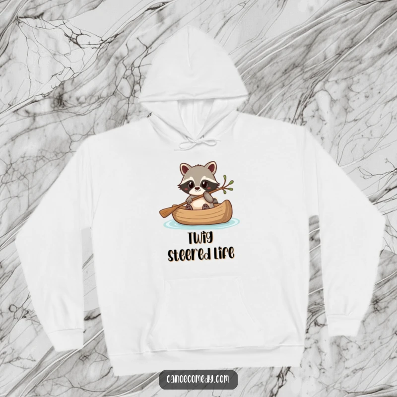 Funny Kawaii raccoon in a canoe, steering with a twig, a warm and humorous hoodie.