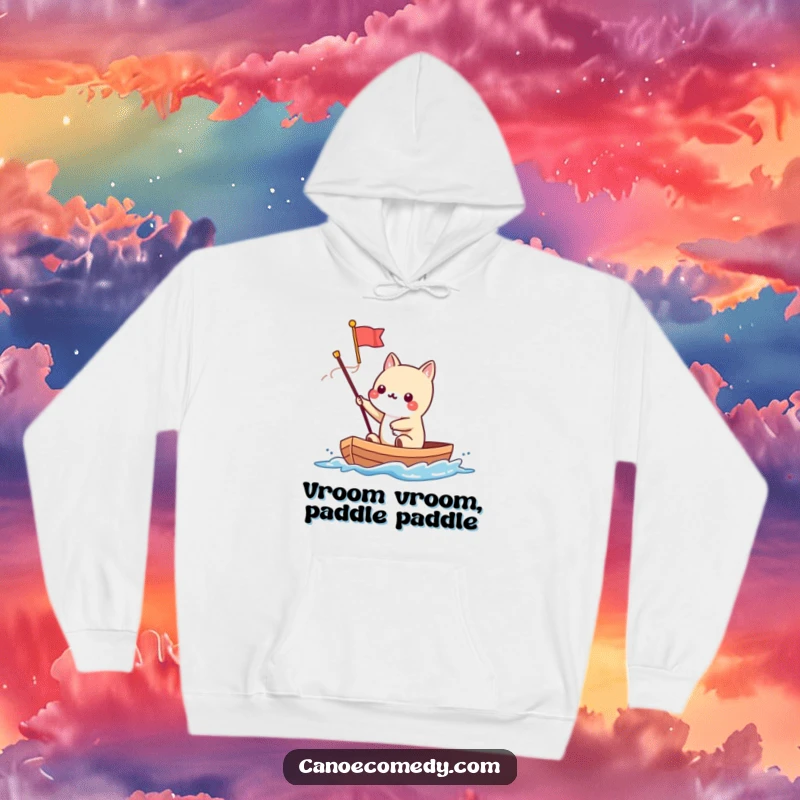 Funny Kawaii animal character waving a flag from a speeding canoe, featured on a comfortable hoodie.