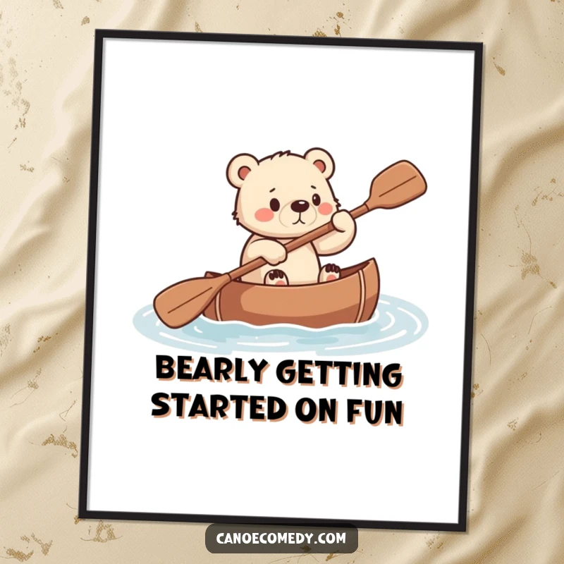 Funny Free Printable Wall Art: A focused bear cub paddling a canoe, a symbol of determination and strength.