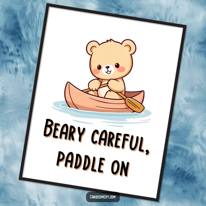 Funny Free Printable Wall Art: A cute Kawaii bear cub trying to maintain balance while sitting in a canoe.